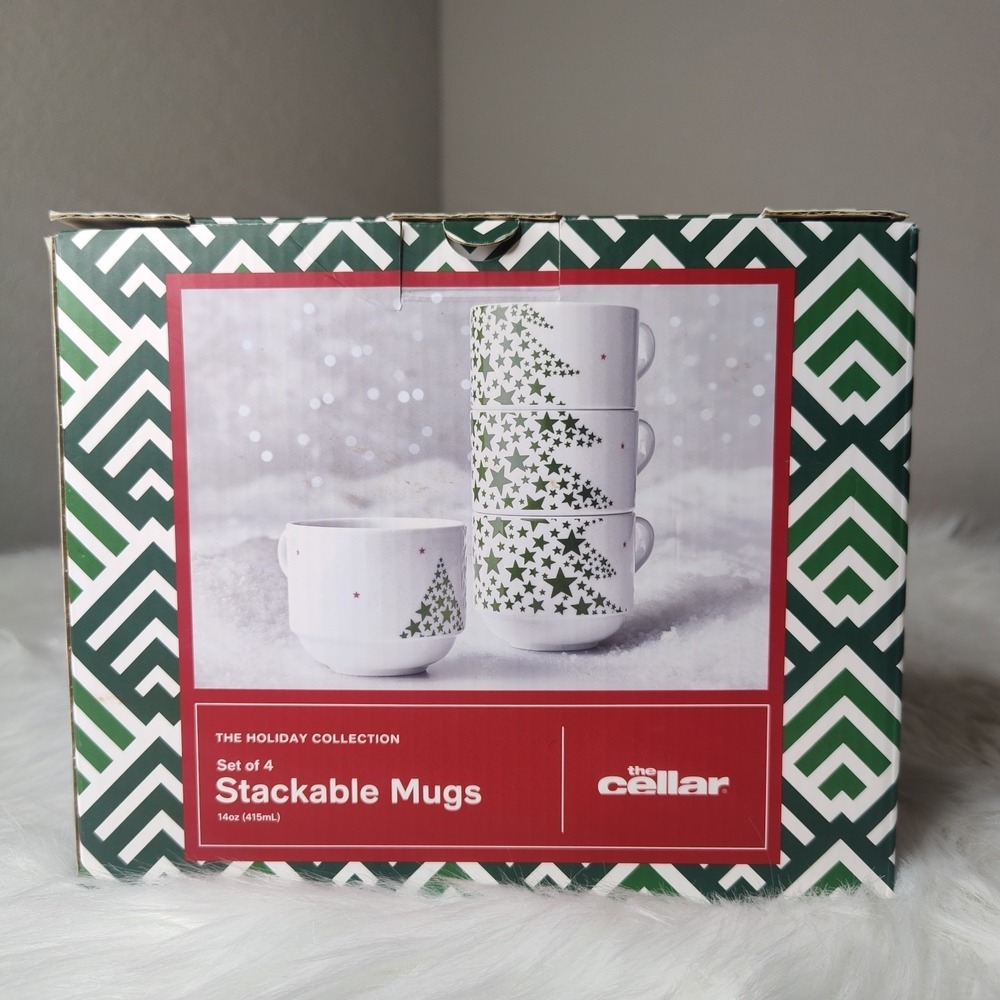 The Cellar Holiday Collection Stackable‎ Mugs Christmas Tree Set Of 4 New Gift